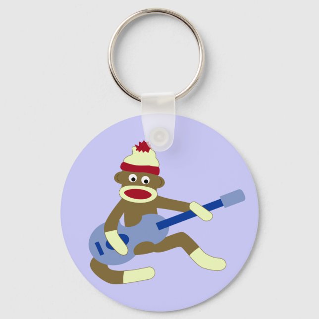 Sock Monkey Playing Blue Guitar Key Ring (Front)