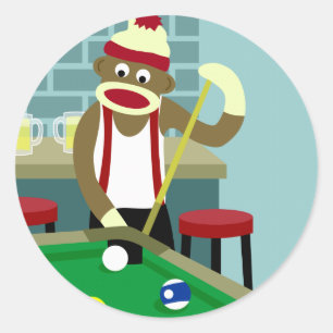Sock Monkey Pool Billiards Player Classic Round Sticker