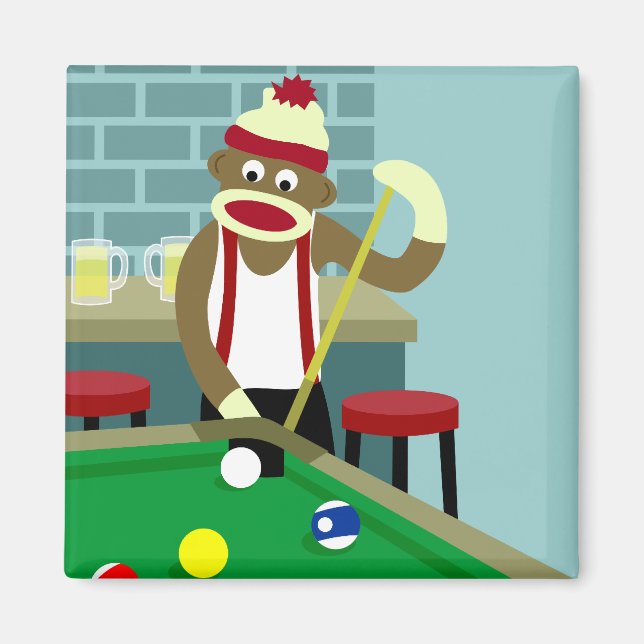 Sock Monkey Pool Billiards Player Magnet (Front)