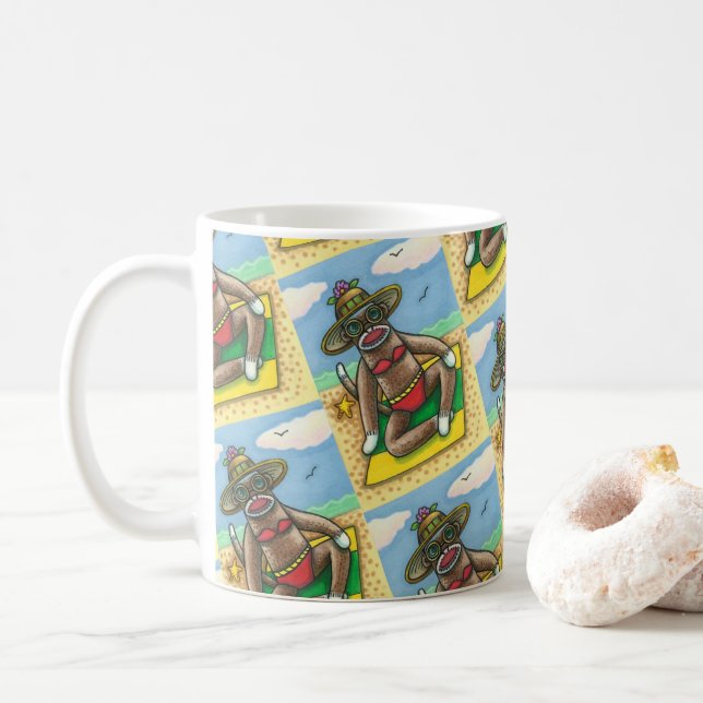 SOCK MONKEY RED BIKINI, AT THE BEACH CARTOON Funny Coffee Mug (With Donut)