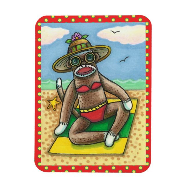 SOCK MONKEY RED BIKINI, AT THE BEACH CARTOON Funny Magnet (Vertical)