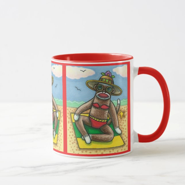 SOCK MONKEY RED BIKINI, AT THE BEACH CARTOON Funny Mug (Right)