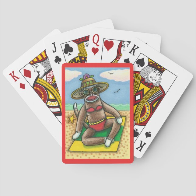 SOCK MONKEY RED BIKINI, AT THE BEACH CARTOON Funny Playing Cards (Back)