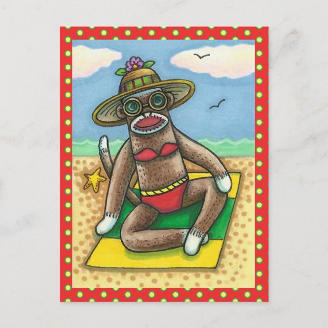 SOCK MONKEY RED BIKINI, AT THE BEACH CARTOON Funny Postcard (Front)
