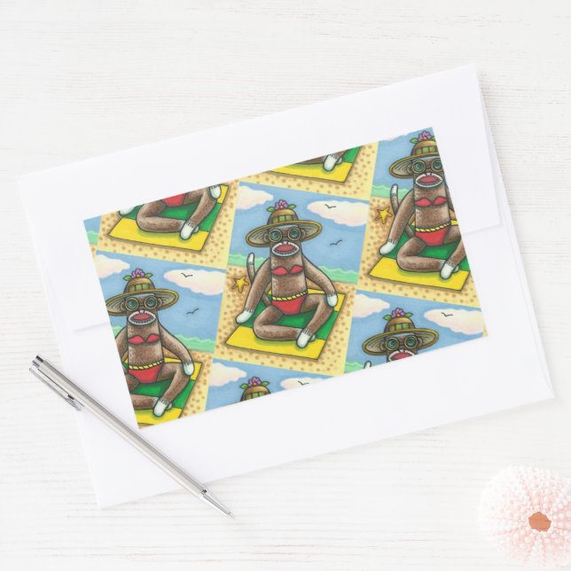 SOCK MONKEY RED BIKINI, AT THE BEACH CARTOON Funny Rectangular Sticker (Envelope)