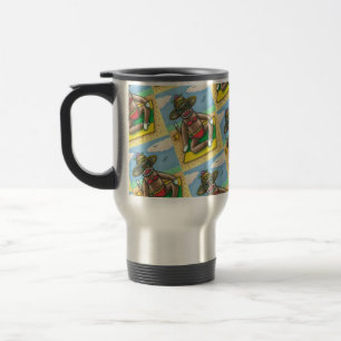SOCK MONKEY RED BIKINI, AT THE BEACH CARTOON Funny Travel Mug