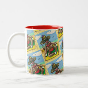 SOCK MONKEY RED BIKINI, AT THE BEACH CARTOON Funny Two-Tone Coffee Mug