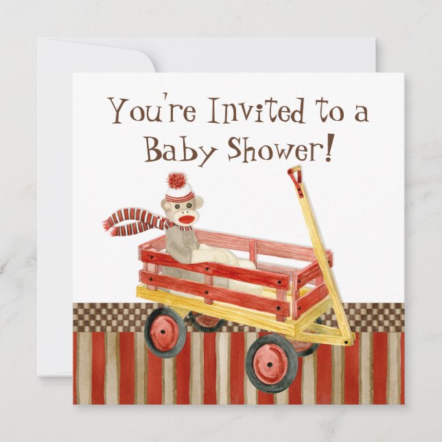 Sock Monkey, Red Wagon, Boy Baby Shower Invitation (Front)