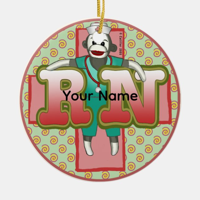 Sock Monkey RN Nurse Ceramic Tree Decoration (Front)