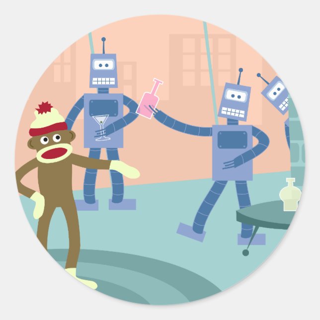 Sock Monkey Robot Cocktail Party Classic Round Sticker (Front)