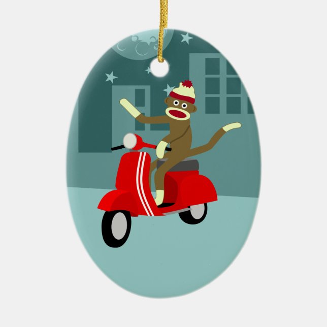 Sock Monkey Scooter Ceramic Tree Decoration (Front)