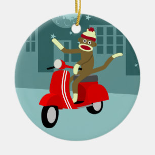 Sock Monkey Scooter Ceramic Tree Decoration