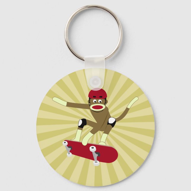 Sock Monkey Skateboarder Key Ring (Front)