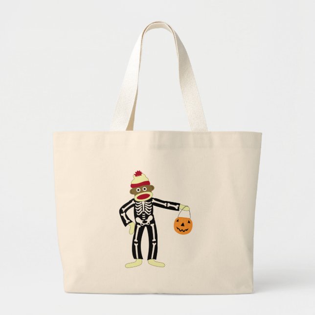 Sock Monkey Skeleton Halloween Large Tote Bag (Front)