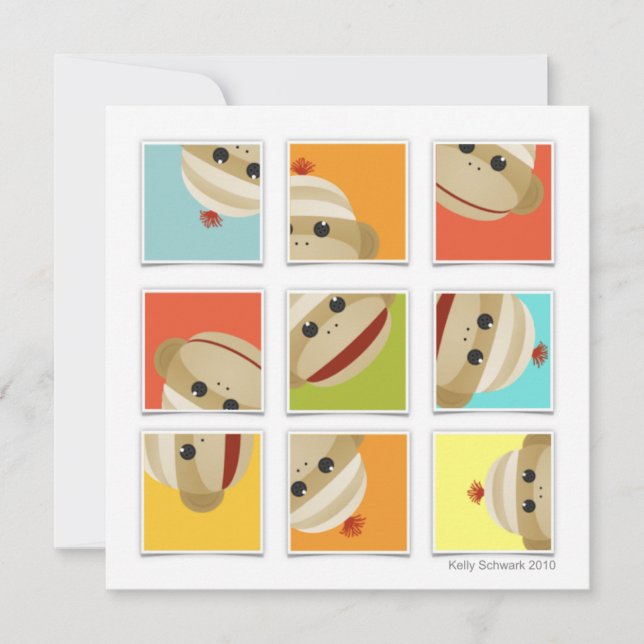 Sock Monkey Socks Blocks Square Invitation (Front)