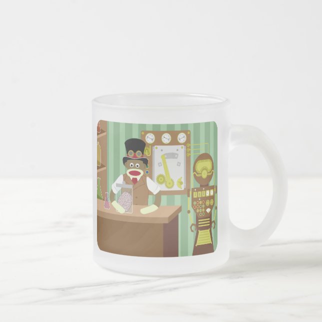 Sock Monkey Steampunk Scientist Frosted Glass Coffee Mug (Right)