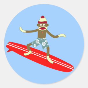 Sock Monkey Surfer Classic Round Sticker
