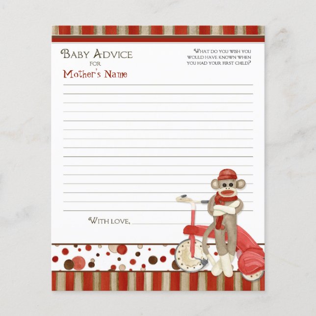 Sock Monkey, Tricycle, Boy Baby Shower Advice (Front)