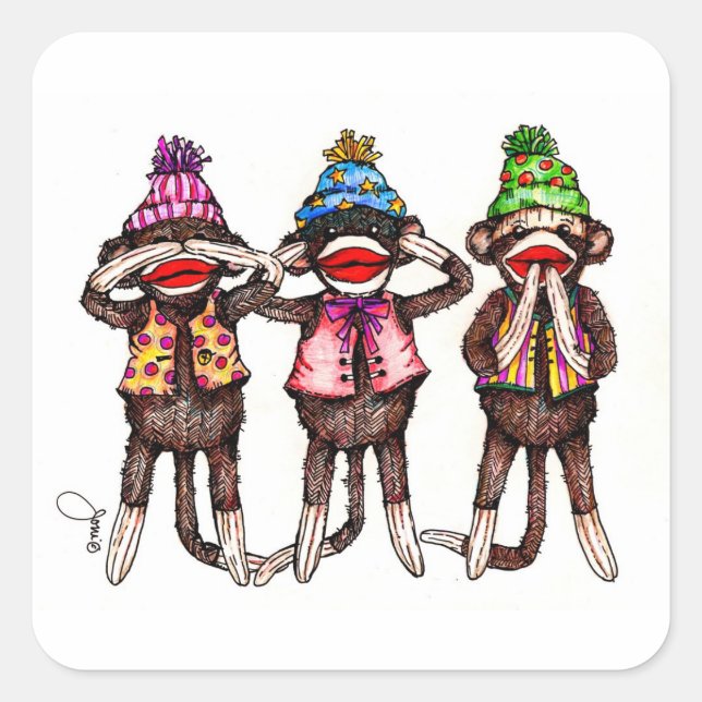 Sock Monkey Trio - See, Hear, Speak No Evil Square Sticker (Front)