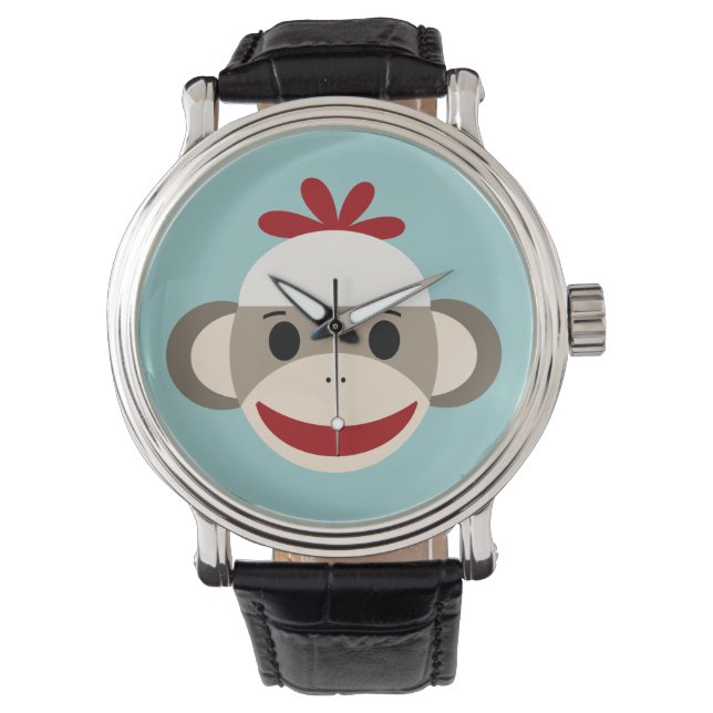 Sock Monkey Vintage Black Leather Strap Watch (Front)