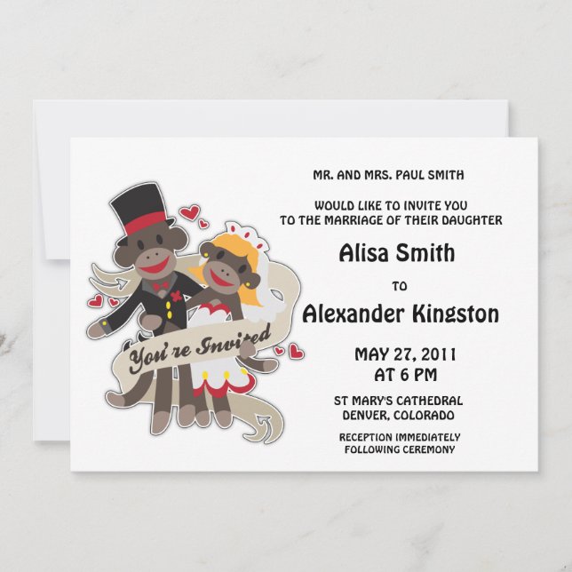 SOCK MONKEY Wedding Invitations Announcements (Front)