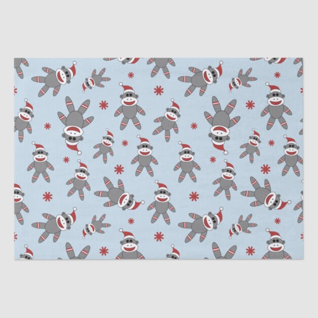 Sock Monkey With Santa Hat On Blue Christmas Tissue Paper (Front)
