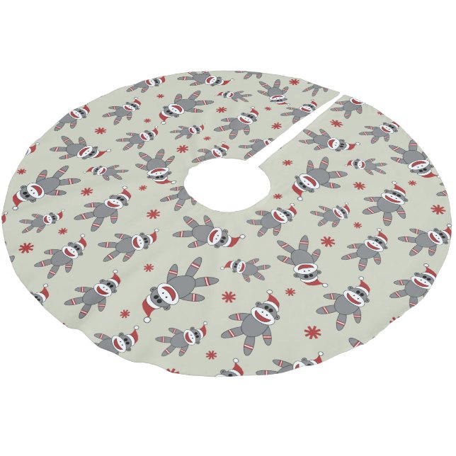 Sock Monkey With Santa Hat Pattern Christmas Brushed Polyester Tree Skirt (Angled)