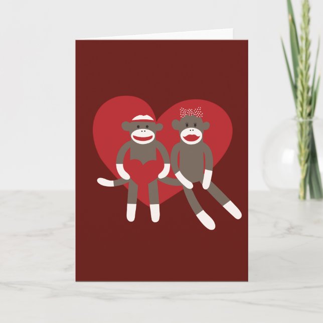 Sock Monkeys in Love Hearts Valentine's Day Gifts Holiday Card (Front)