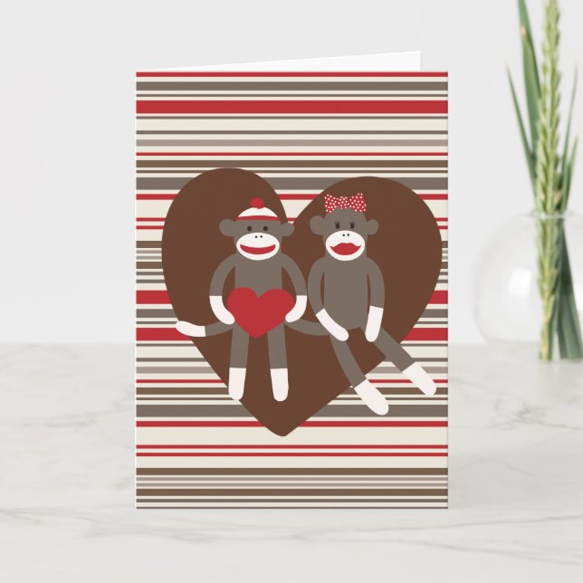 Sock Monkeys in Love Valentine's Day Heart Gifts Holiday Card (Front)