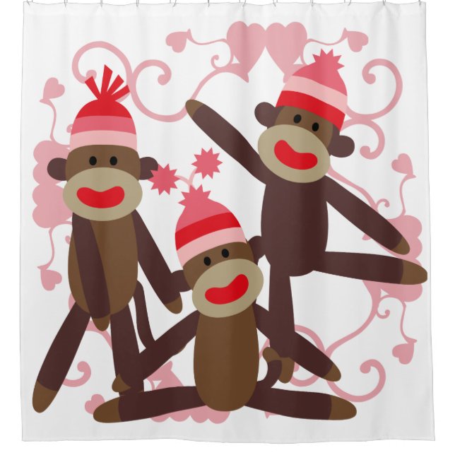 Sock Monkeys With Pink Hearts Shower Curtain (Front)
