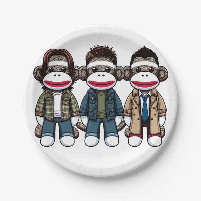 SockMonkey Hunter Brothers and their Angel Friend Paper Plate (Front)