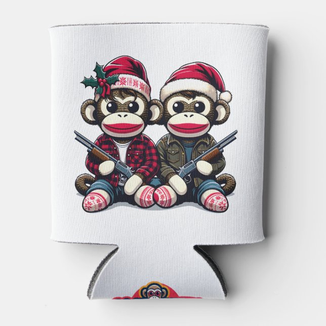 SockMonkey Hunter Brothers At Christmas Can Cooler (Front)