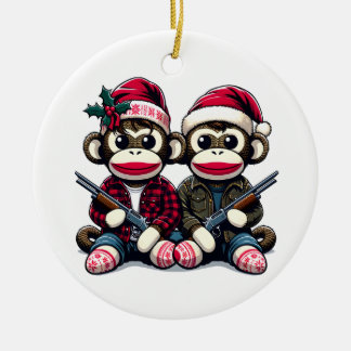 SockMonkey Hunter Brothers At Christmas Ceramic Tree Decoration