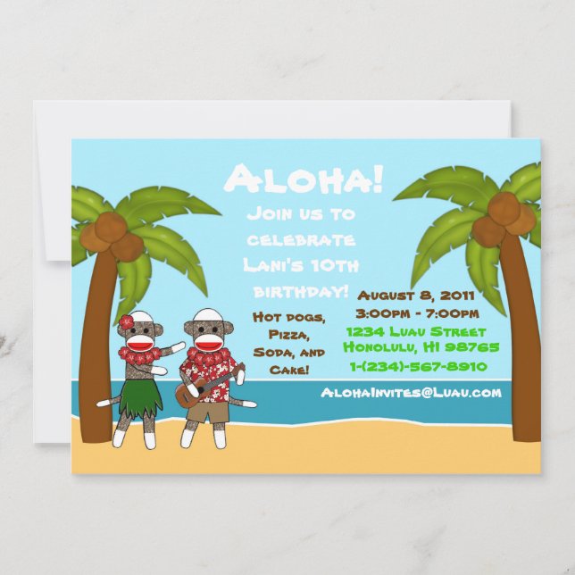 SockMonkey Luau Birthday Invitation (Front)
