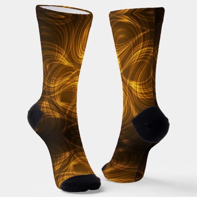 Socks featuring a vibrant, swirling gold and black (Angled)