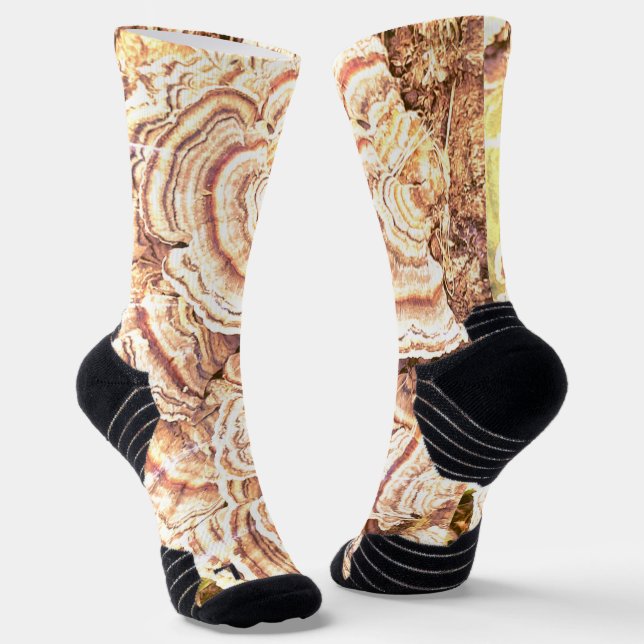 Socks with Turkey tail Mushrooms, tan and yellow (Angled)