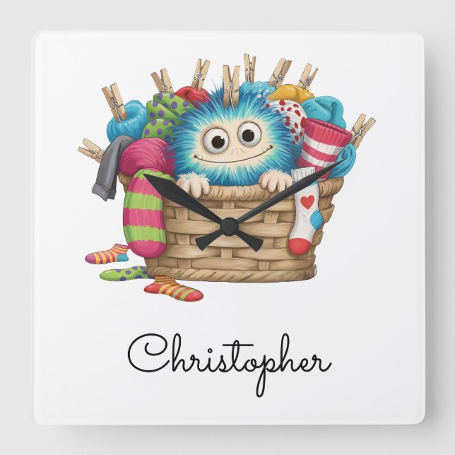 Socksy Blue Fluffy Monster Buddy Square Wall Clock (Front)