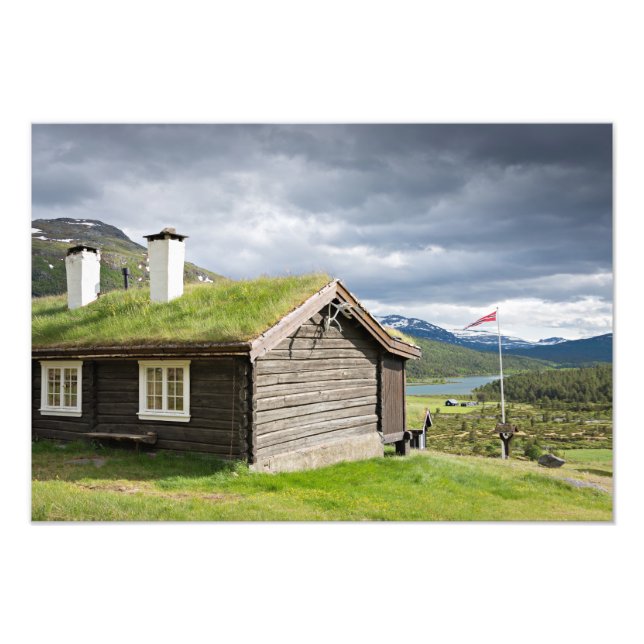 Sod roof log cabin in Norway photo print (Front)