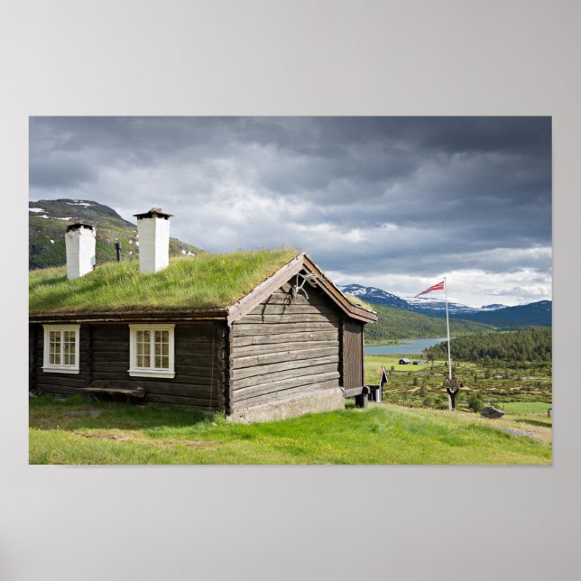 Sod roof log cabin in Norway poster (Front)