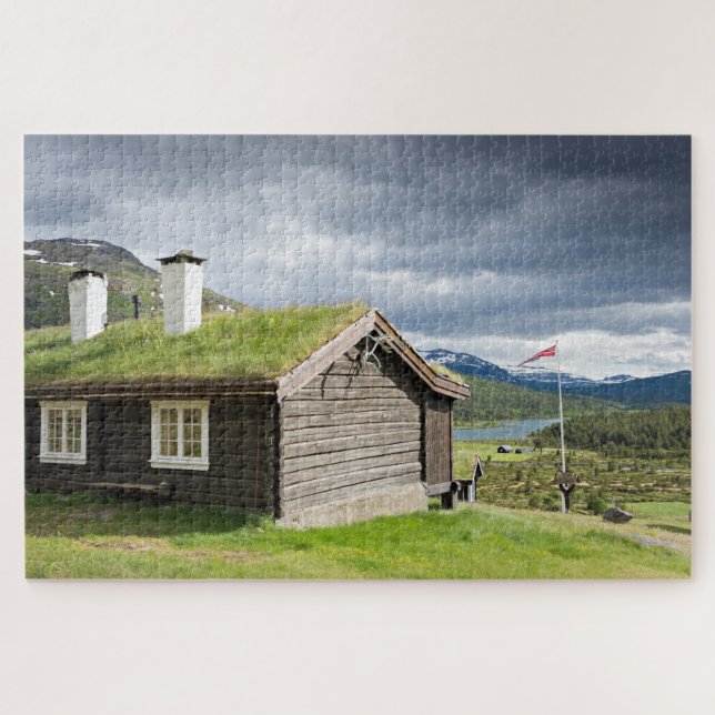 Sod roof log cabin in Norway wilderness Jigsaw Puzzle (Horizontal)