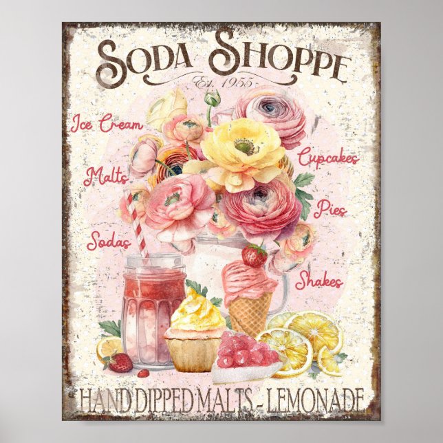 Soda Shoppe Poster Ice Cream Florals Wall Art  (Front)