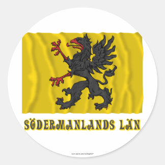 Södermanlands län waving flag with name classic round sticker