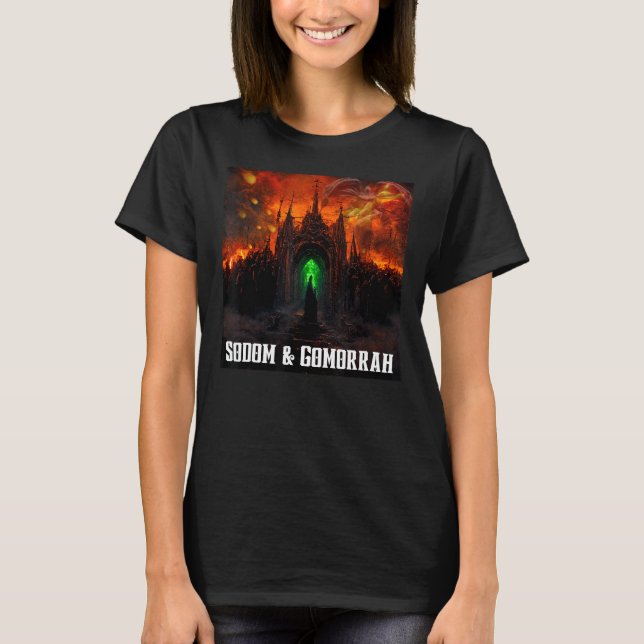 Sodom and Gomorrah City Burns With Angel and Churc T-Shirt (Front)