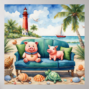 Sofa Swine on a beach Poster