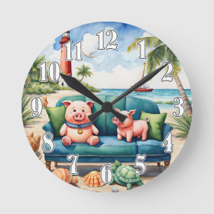 Sofa Swine on a beach Round Clock