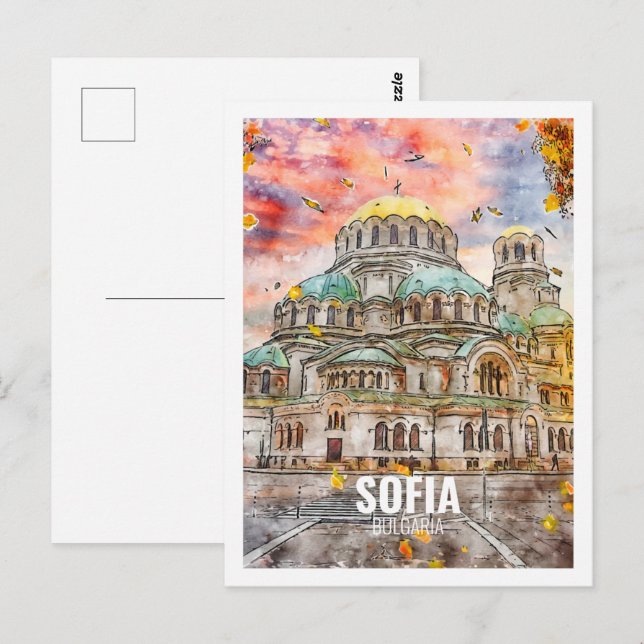 Sofia Bulgaria Famous Travel Watercolor Sketch Postcard (Front/Back)