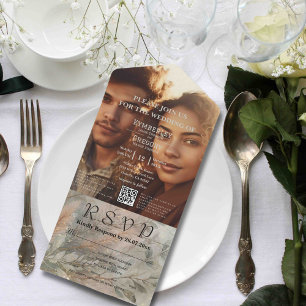 Soft Abstract Botanical Grey Green Photo QR Code All In One Invitation