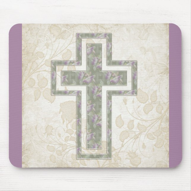 Soft Abstract Purple & Green Christian Cross Mouse Mat (Front)