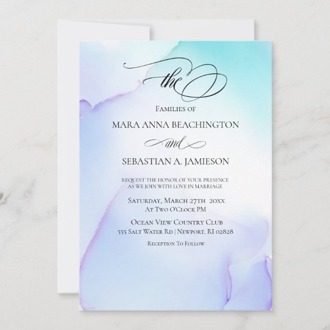 *~* Soft Abstract Watercolor Lavender Mint Wedding Invitation (Front)