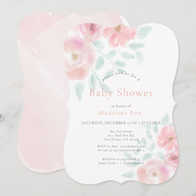 Soft Airy Blush Pink Watercolor Roses Baby Shower Invitation (Front/Back)